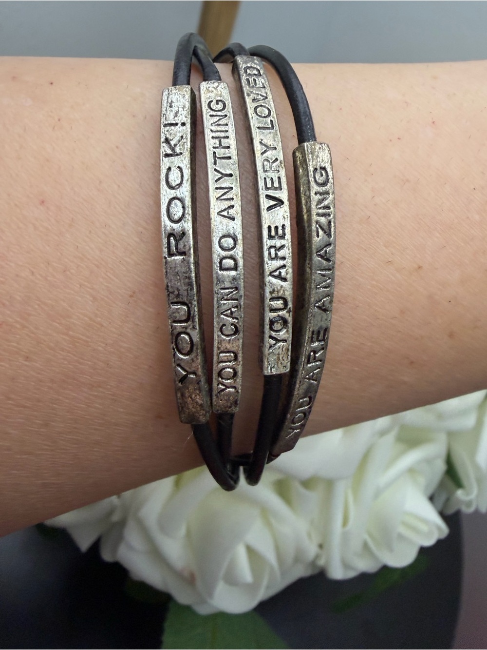 Leather Wrap Bracelet with Inspirational Silver Bars - Black